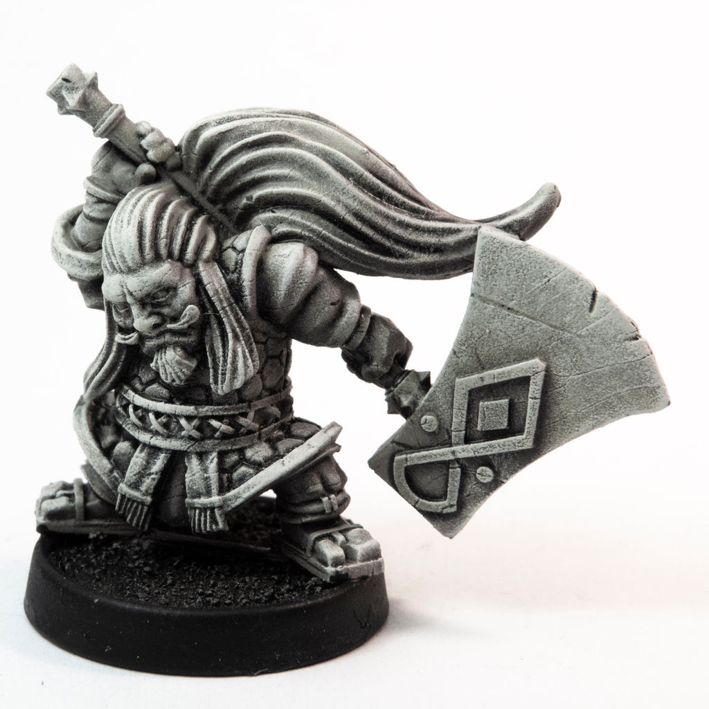 Primed pewter Dwarven Kabukimono miniature, 32mm tall