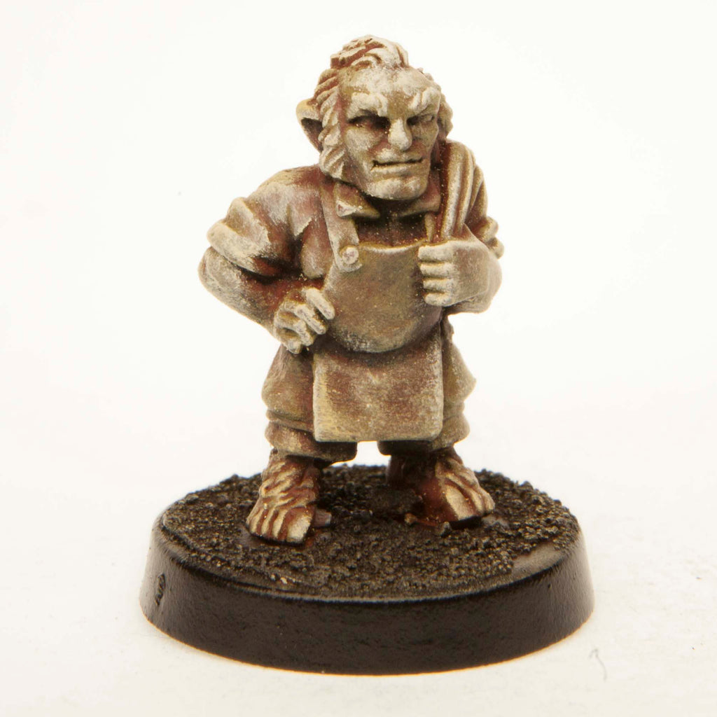Primed pewter Halfling Barkeeper miniature, 20mm tall