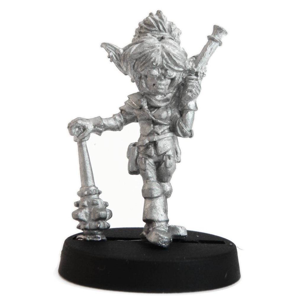 Unpainted pewter Gnome Artificer miniature, 25mm tall