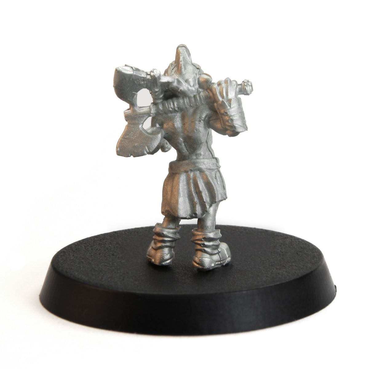 Unpainted pewter Tytantroll Goblin Barbarian miniature, 28mm tall, another view