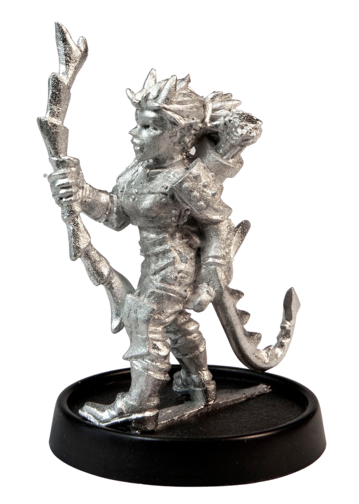 Unpainted pewter Female Tiefling Ranger miniature, 41mm tall, another view