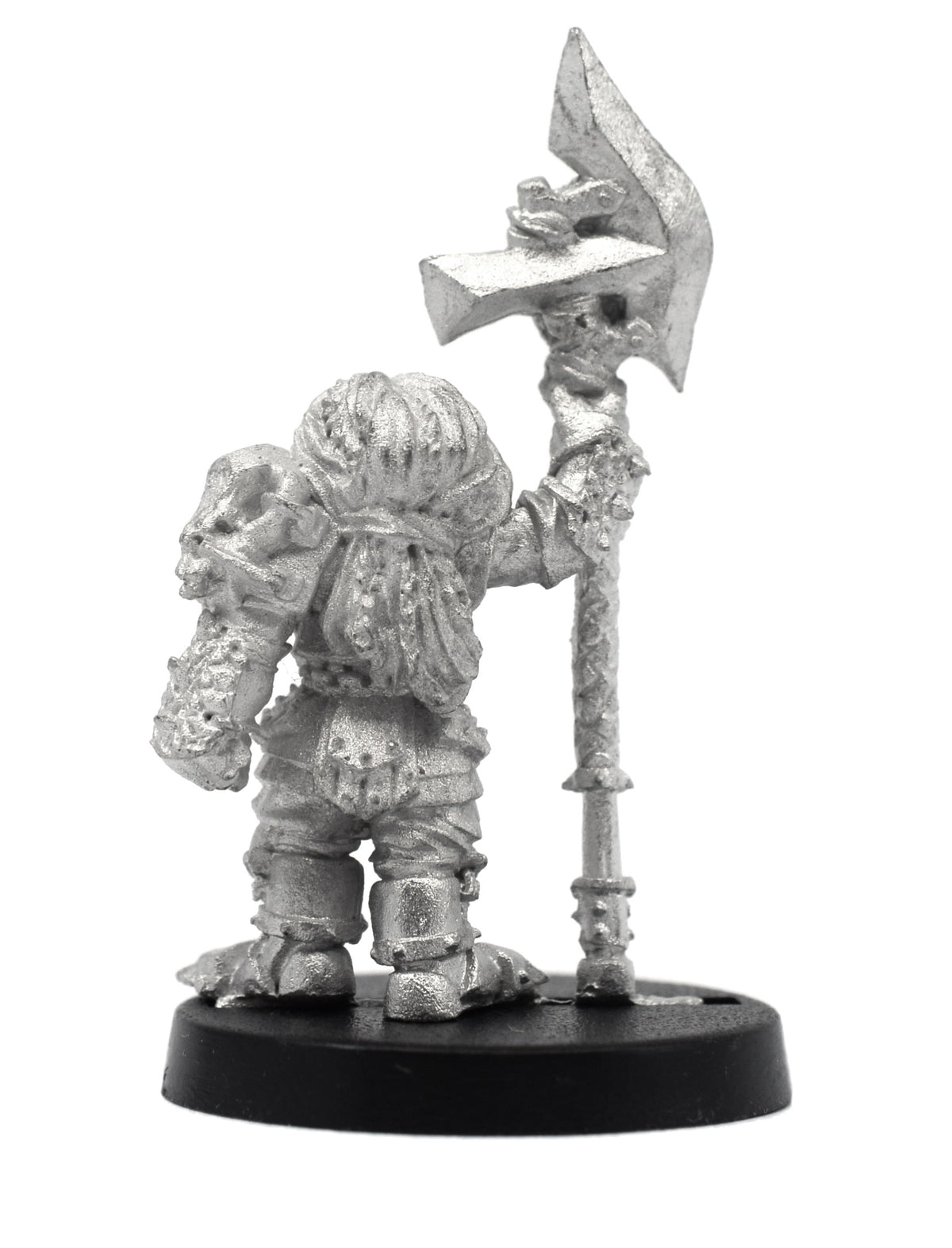 Unpainted pewter Dwarven Barbarian miniature, 39mm tall, another view
