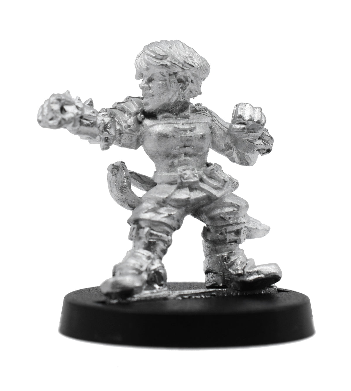 Unpainted pewter Dwarven Mechanist miniature, 24mm tall, another view