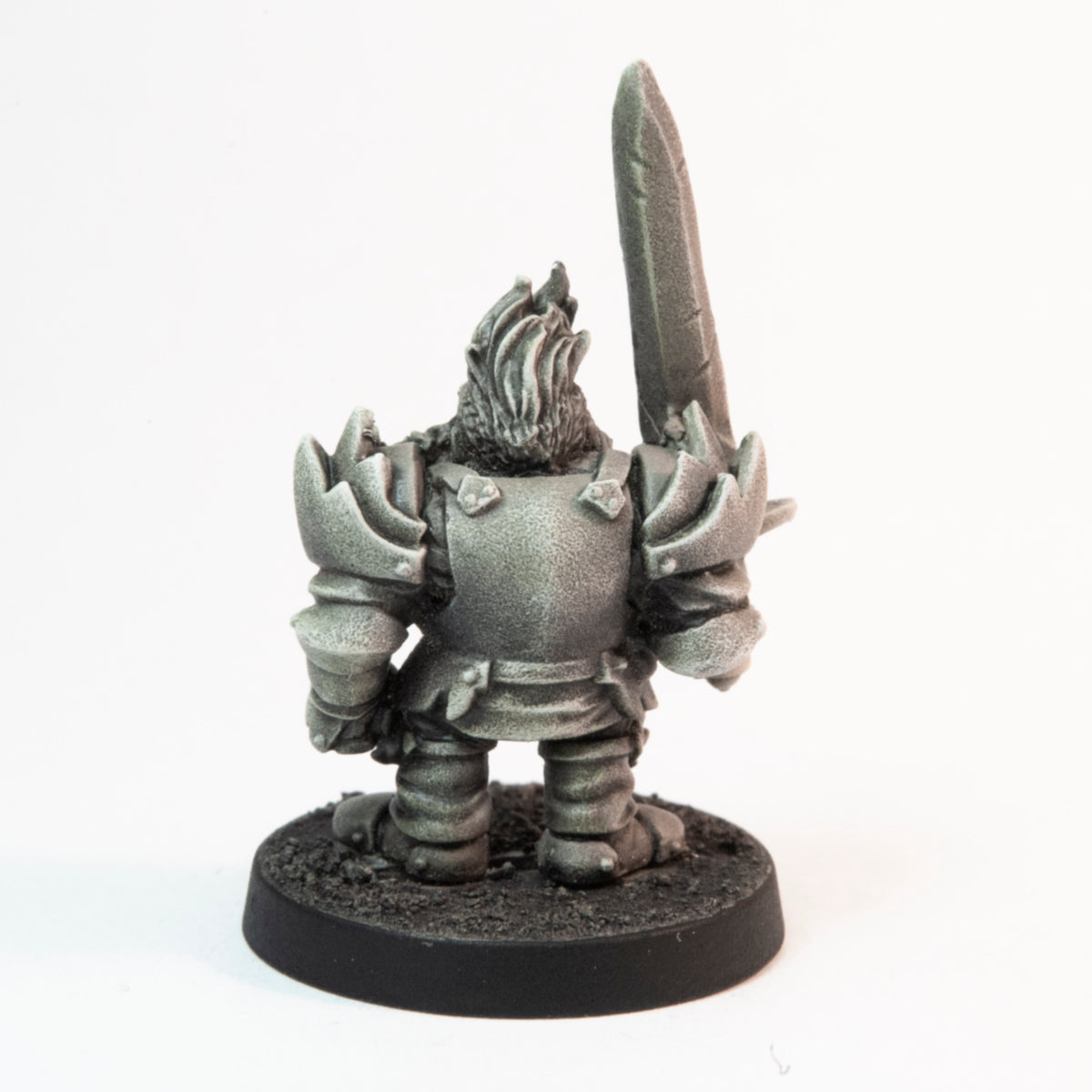 Primed pewter Dwarven Deathknight miniature, 40mm tall, another view