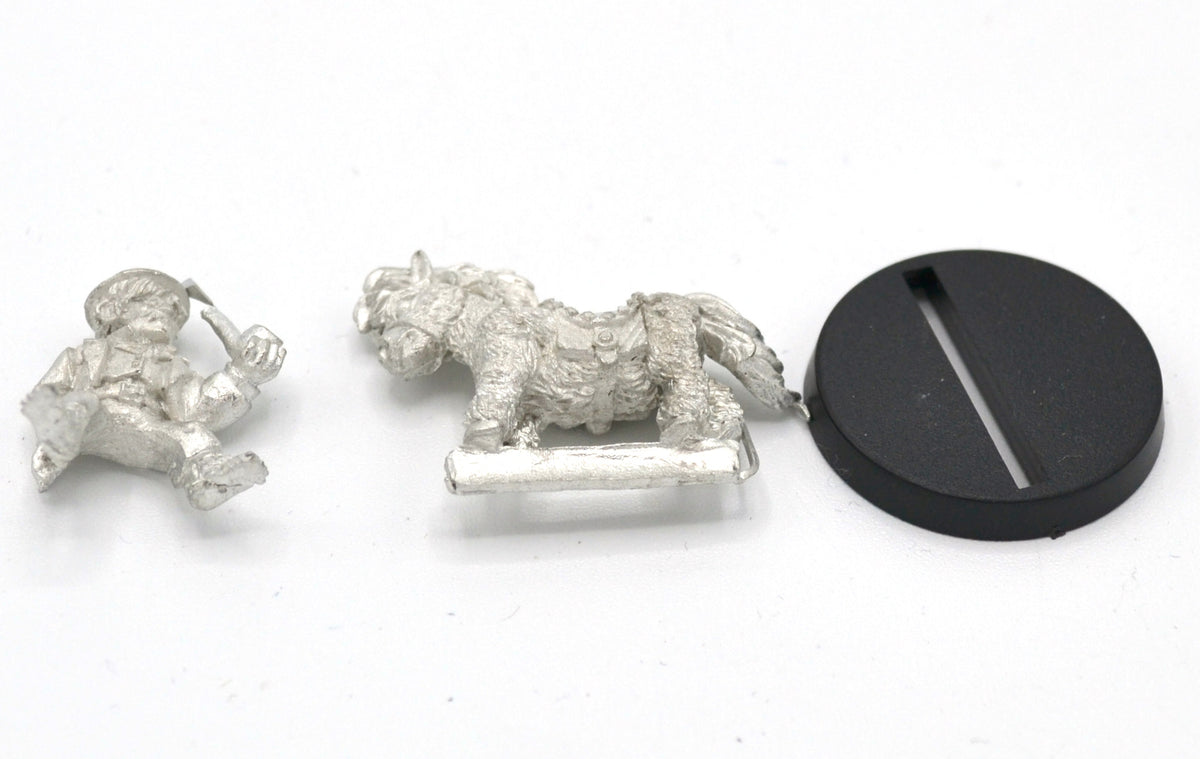 Unpainted pewter Halfling Wool Merchant Mounted on Pony miniature, 29mm tall, another view