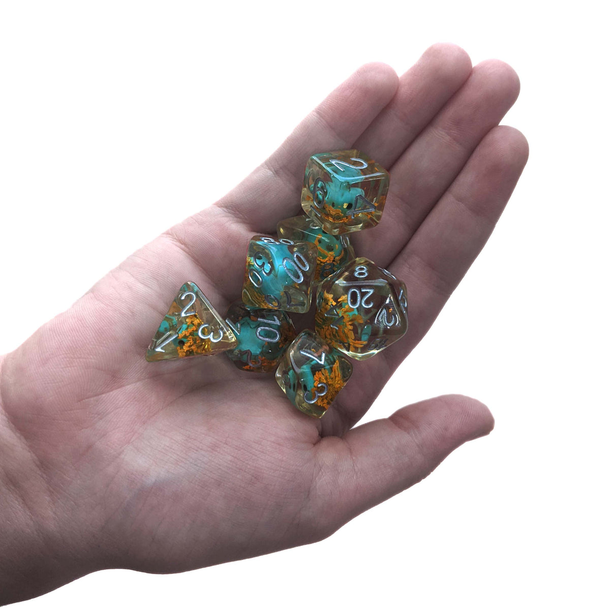 Level 10 Necromancer Dice Set Polyhedral Dice (7pcs) Clear with Blue Skull and Yellow Blossoms, another view