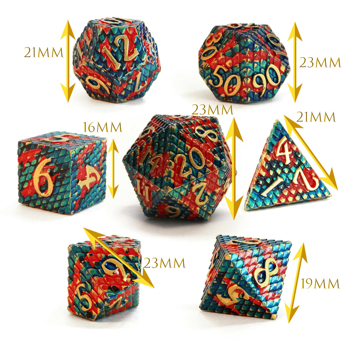 Level 12 Fighter Dice Set Polyhedral Dice (7pcs) Golden Metal with Red and Blue Dragon Scales, another view