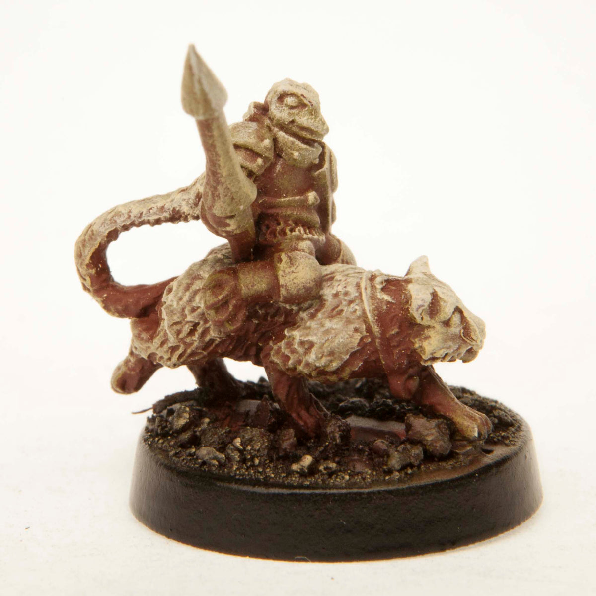 Primed pewter Grippli Knight Mounted on Cat miniature, 24mm tall, another view