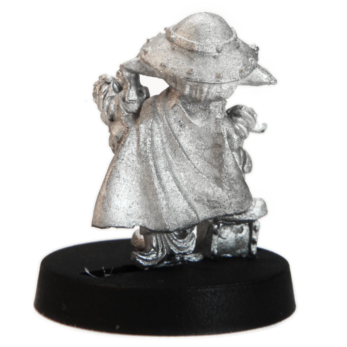 Unpainted pewter Gnome Demolitions Expert miniature, 22mm tall, another view