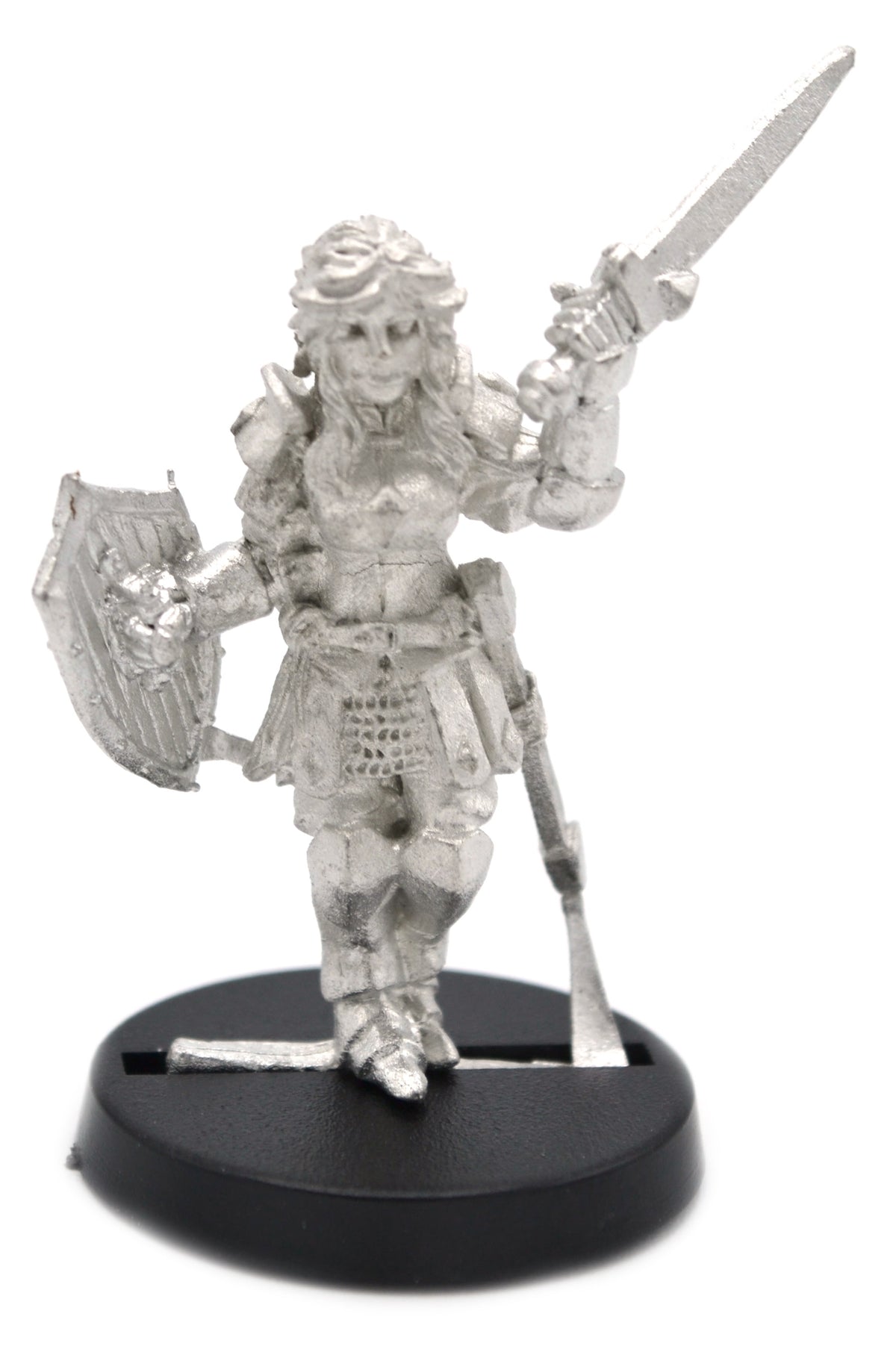 Unpainted pewter Human Knight Female miniature, 41mm tall