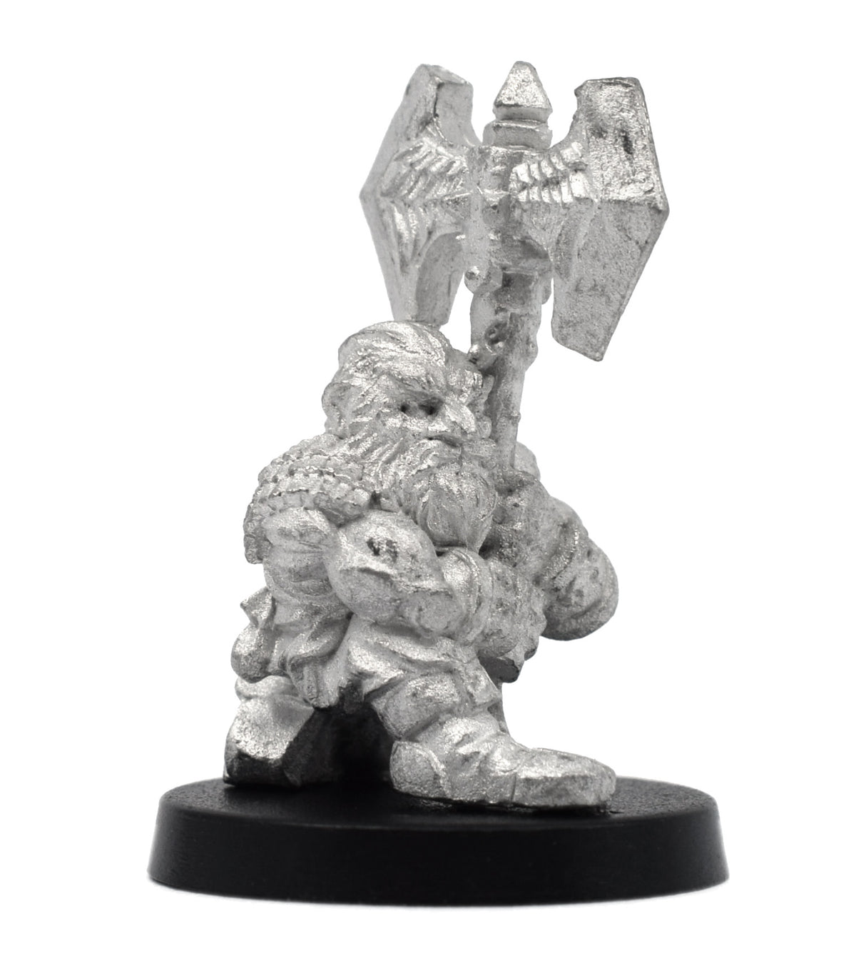 Unpainted pewter Dwarven Barbarian miniature, 32mm tall