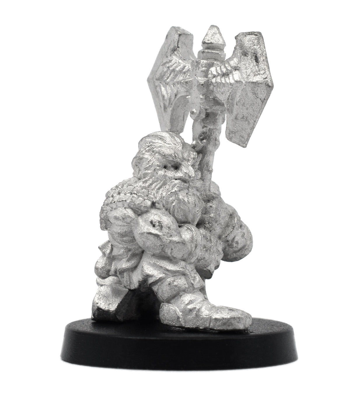 Unpainted pewter Dwarven Barbarian miniature, 32mm tall, another view