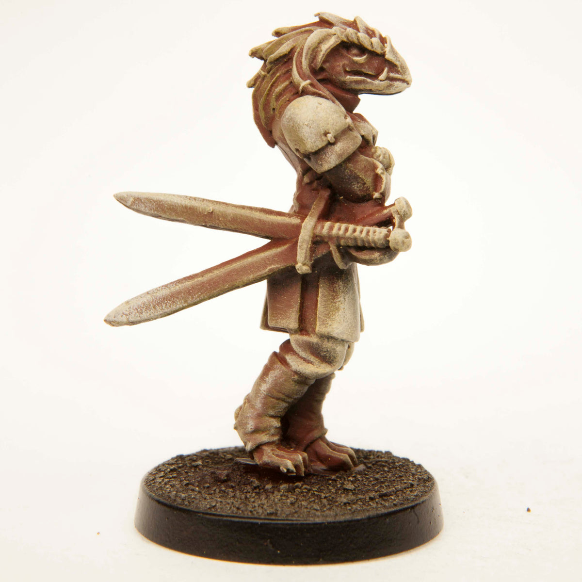 Primed pewter Half-Dragon Duelist miniature, 35mm tall, another view