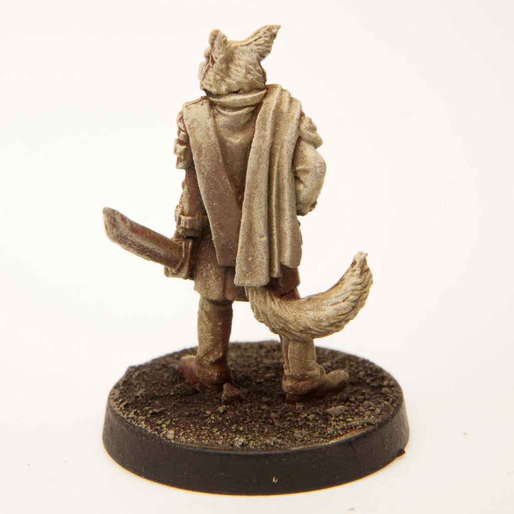 Primed pewter Kitsune Swordsman miniature, 32mm tall, another view