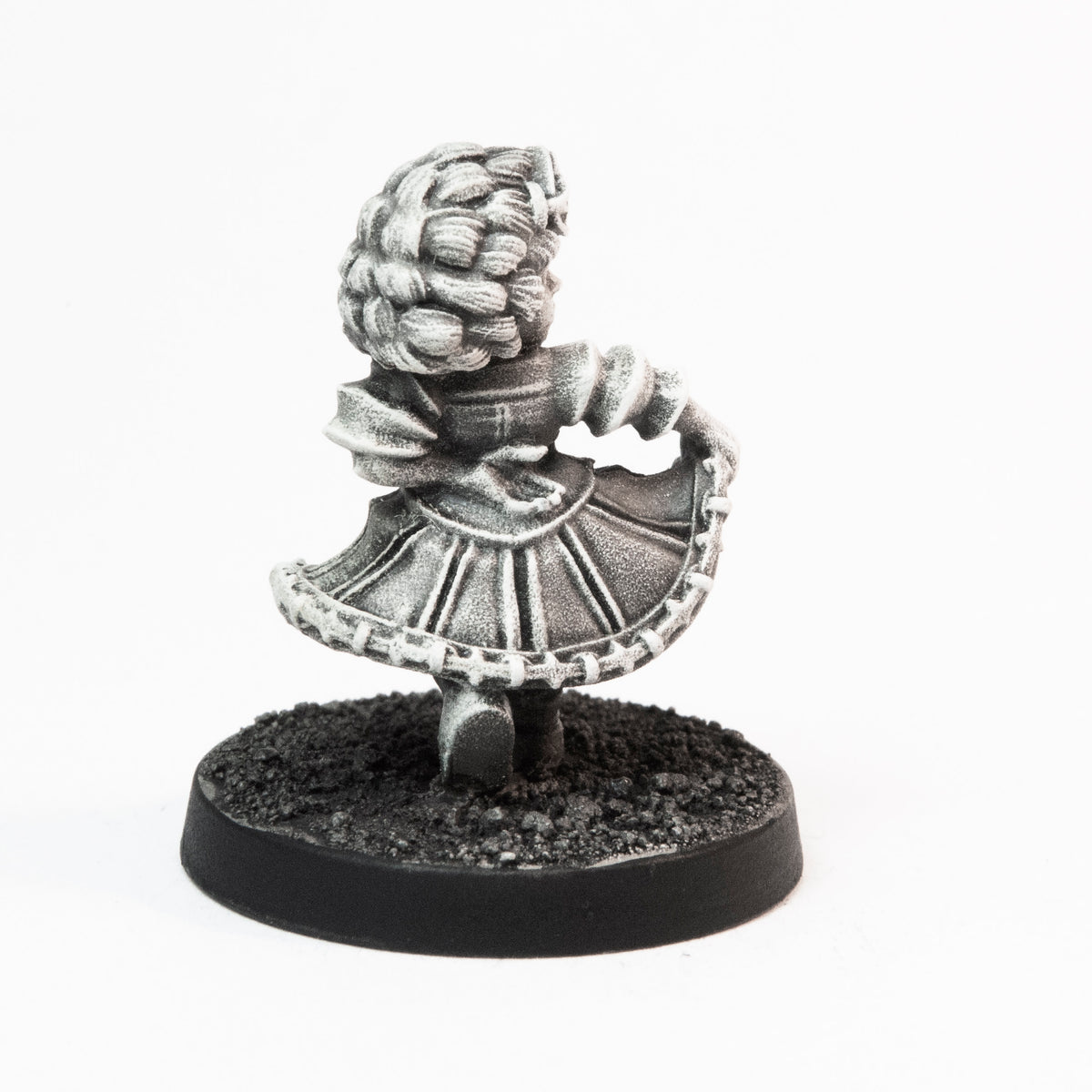 Primed pewter Dwarven Dancer miniature, 26mm tall, another view