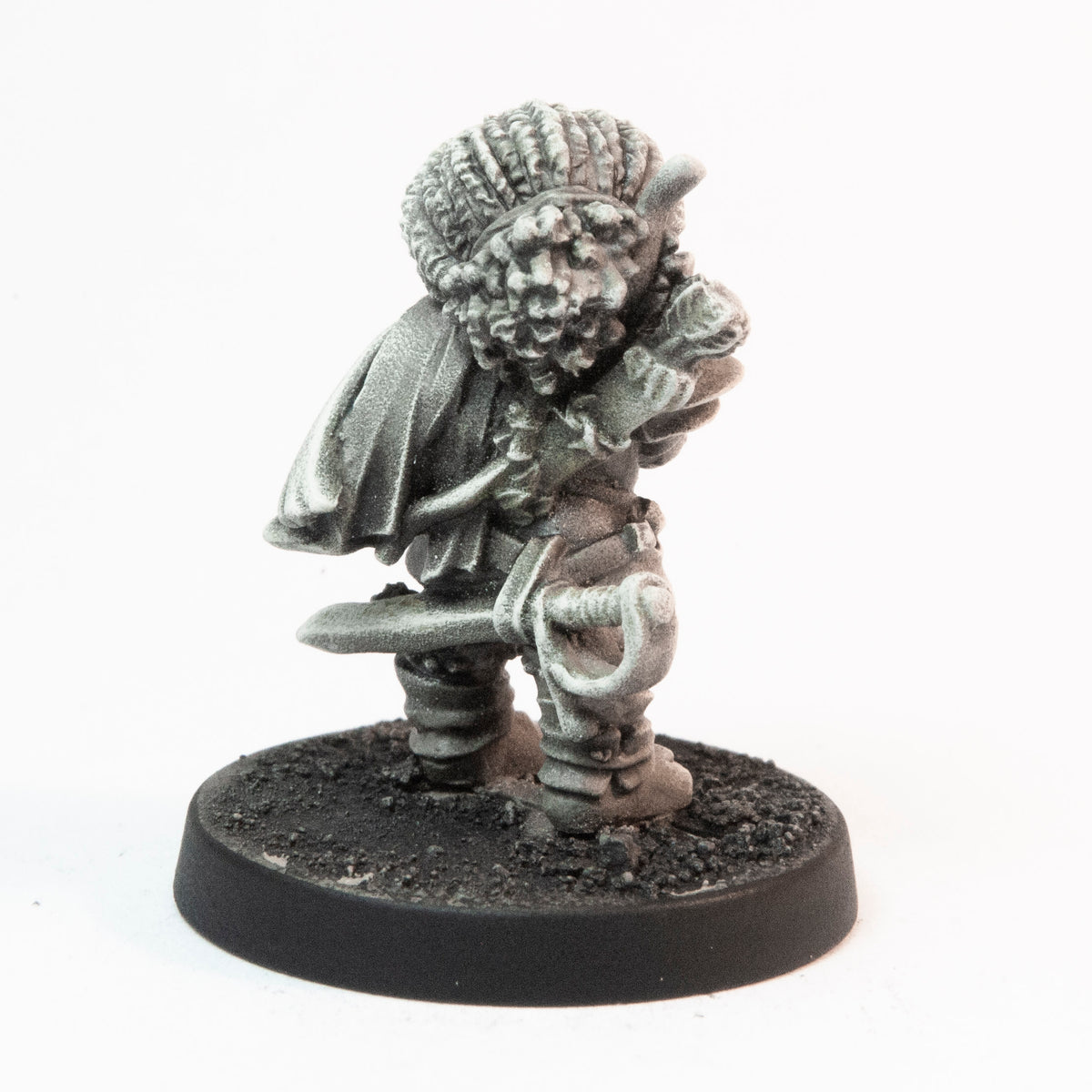 Primed pewter Dwarven Bard miniature, 25mm tall, another view