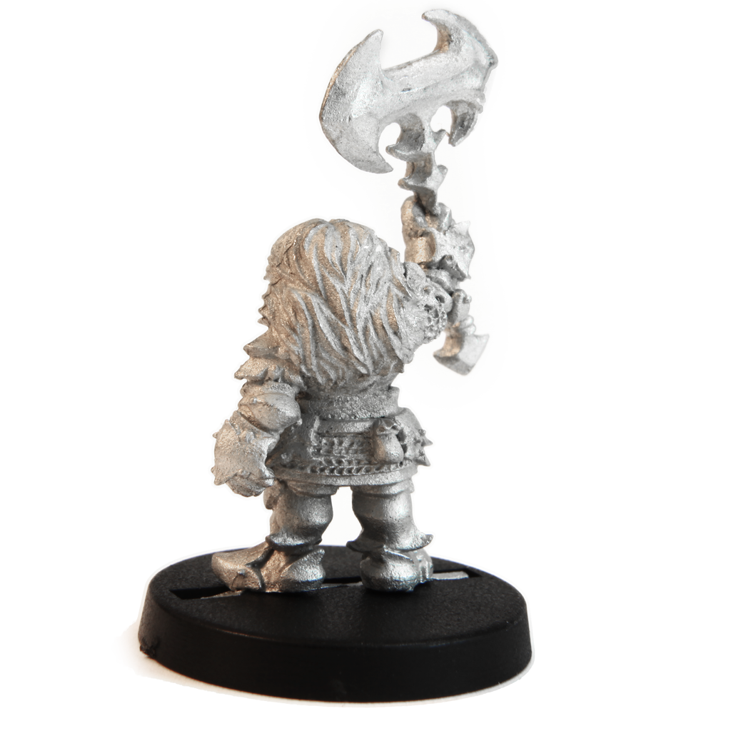 Unpainted pewter Dwarven Shieldbreaker miniature, 37mm tall, another view