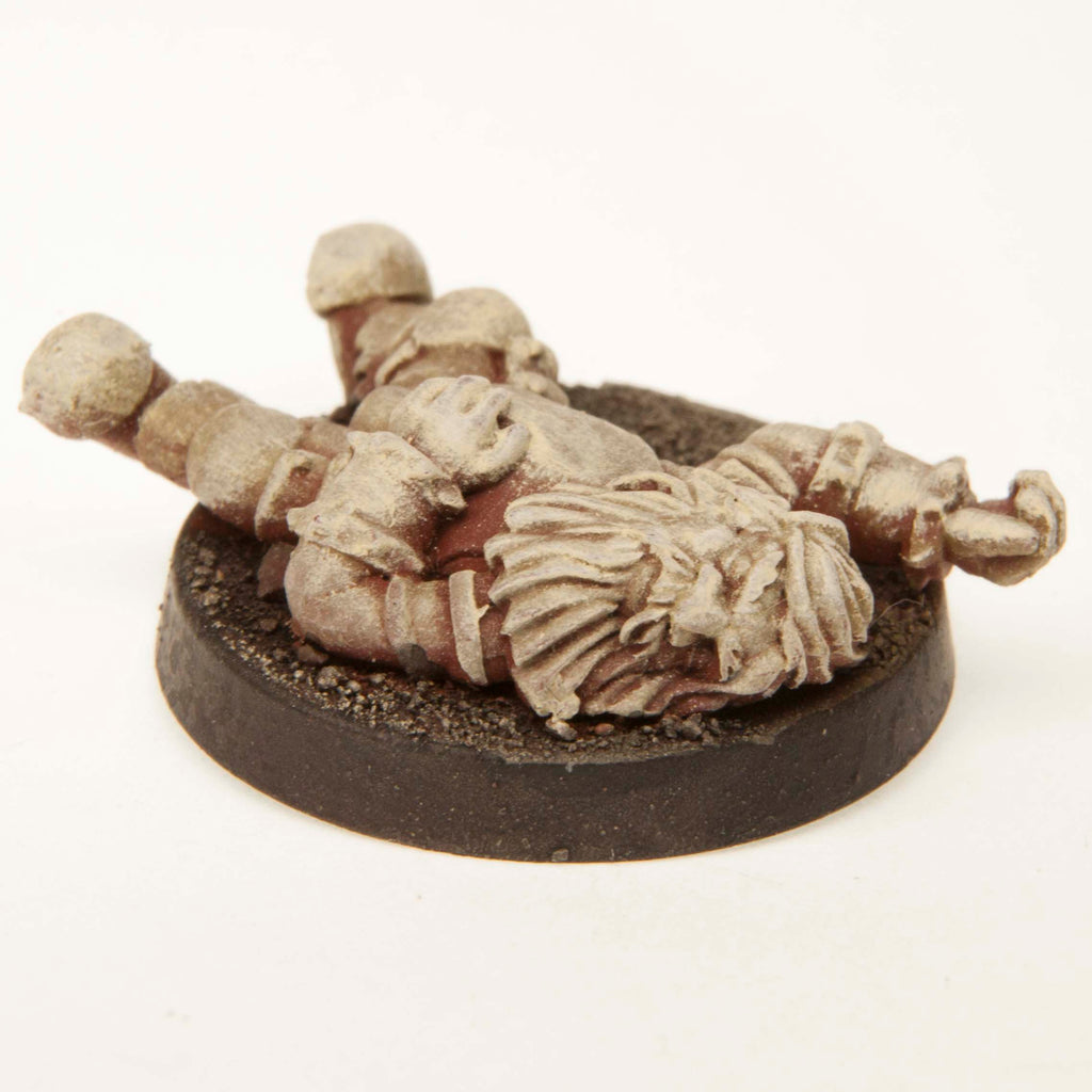 Primed pewter Dwarf Unconscious miniature, 28mm long