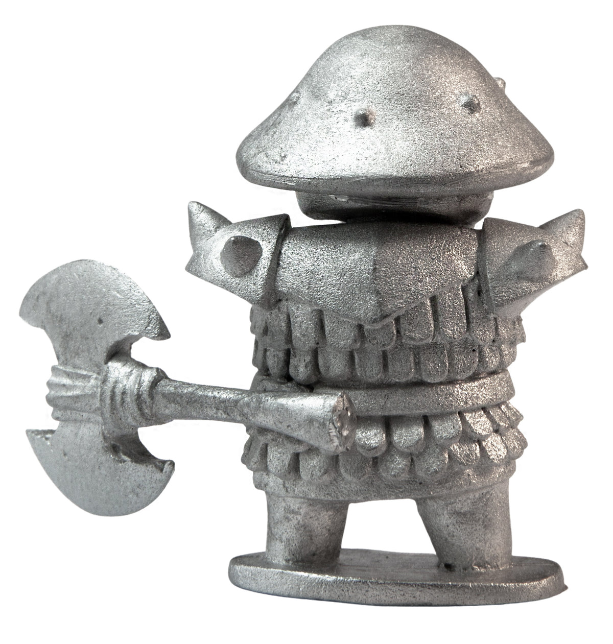 Unpainted pewter Mushroom Warrior with Axe miniature, 32mm tall, another view