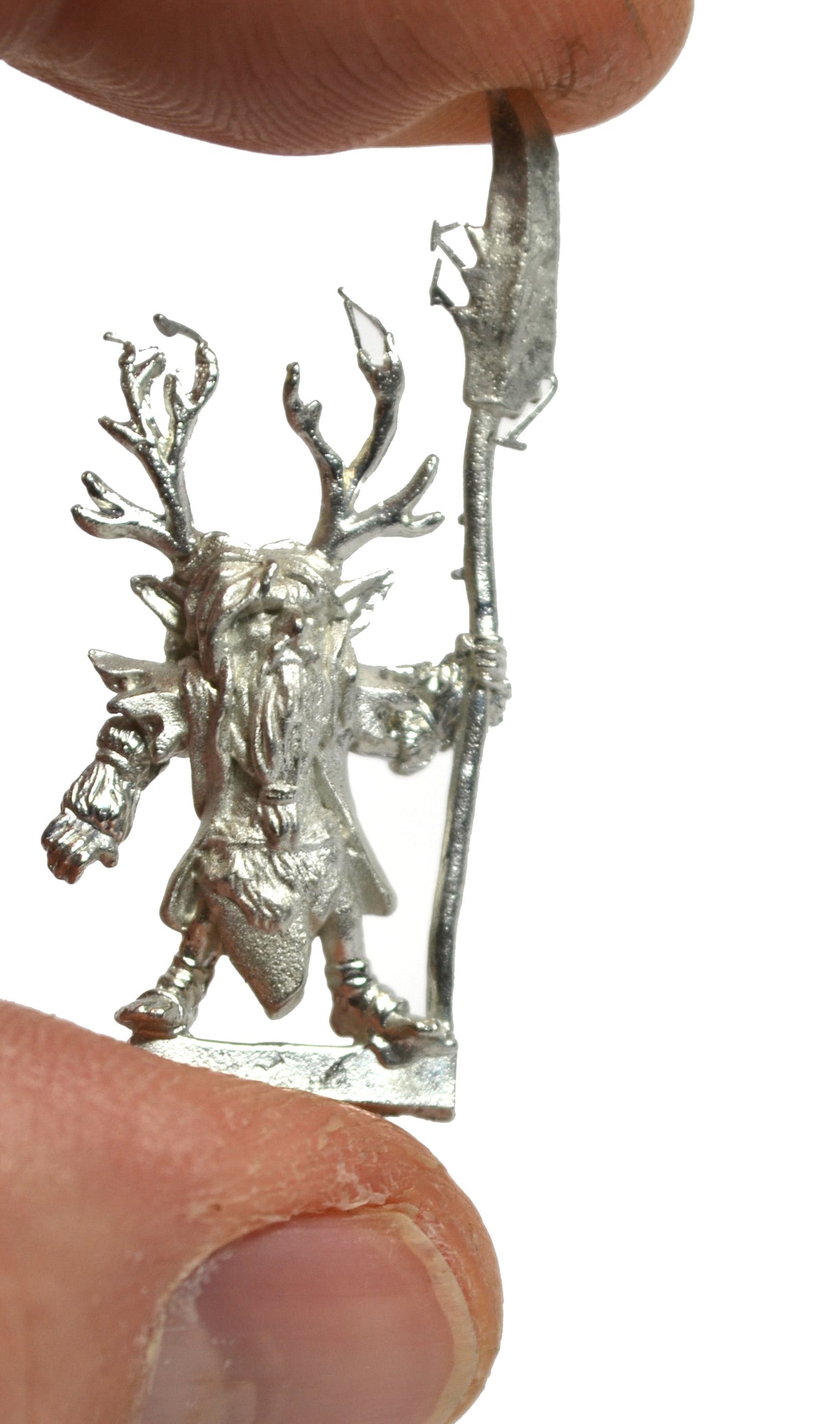 Unpainted pewter Gnome Druid miniature, 28mm tall, another view