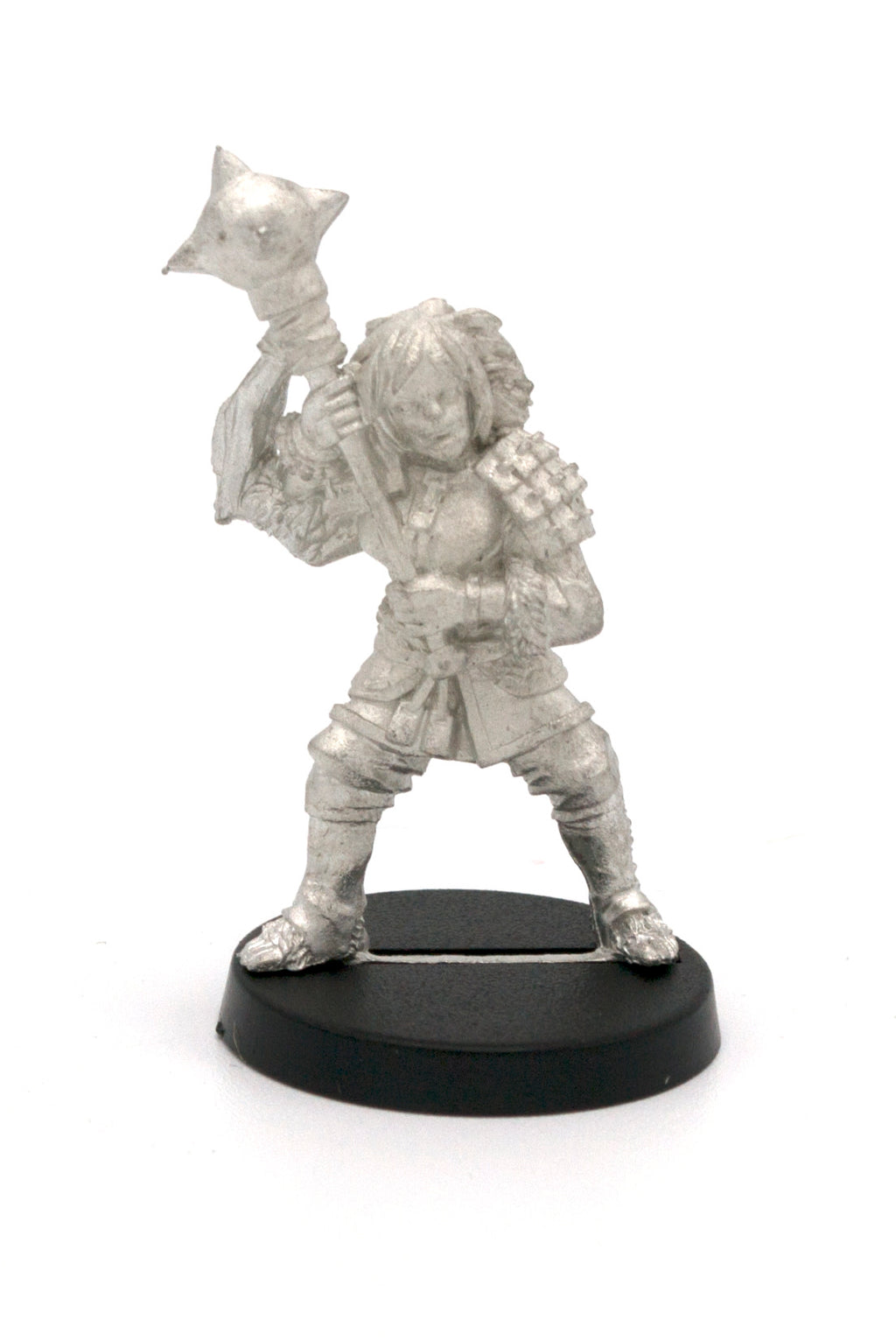 Unpainted pewter Half-Orc Fighter Female miniature, 40mm tall