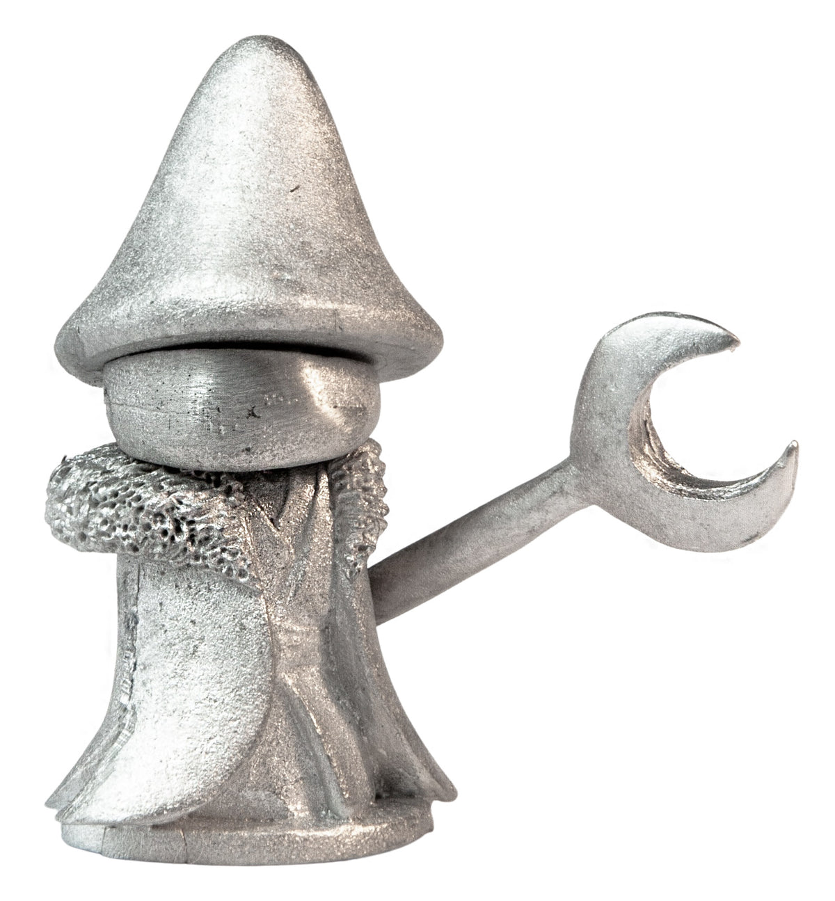 Unpainted pewter Mushroom Mage with Moon Staff miniature, 33mm tall