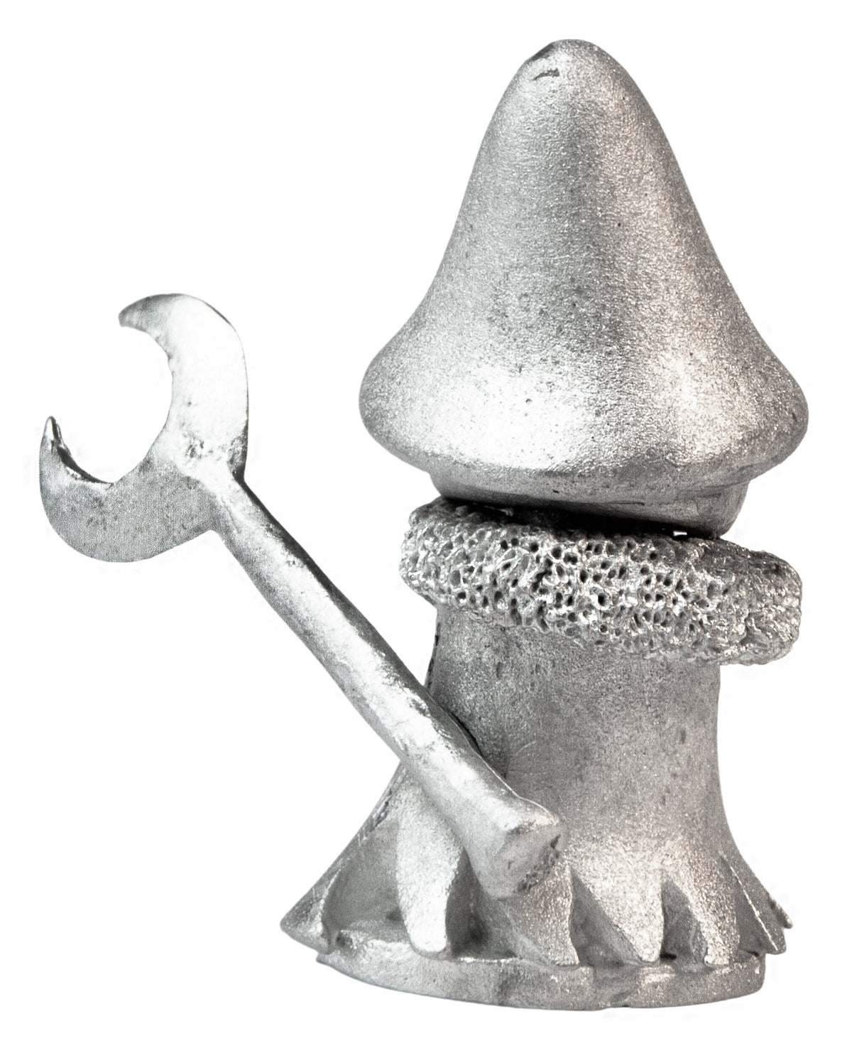 Unpainted pewter Mushroom Mage with Moon Staff miniature, 33mm tall, another view