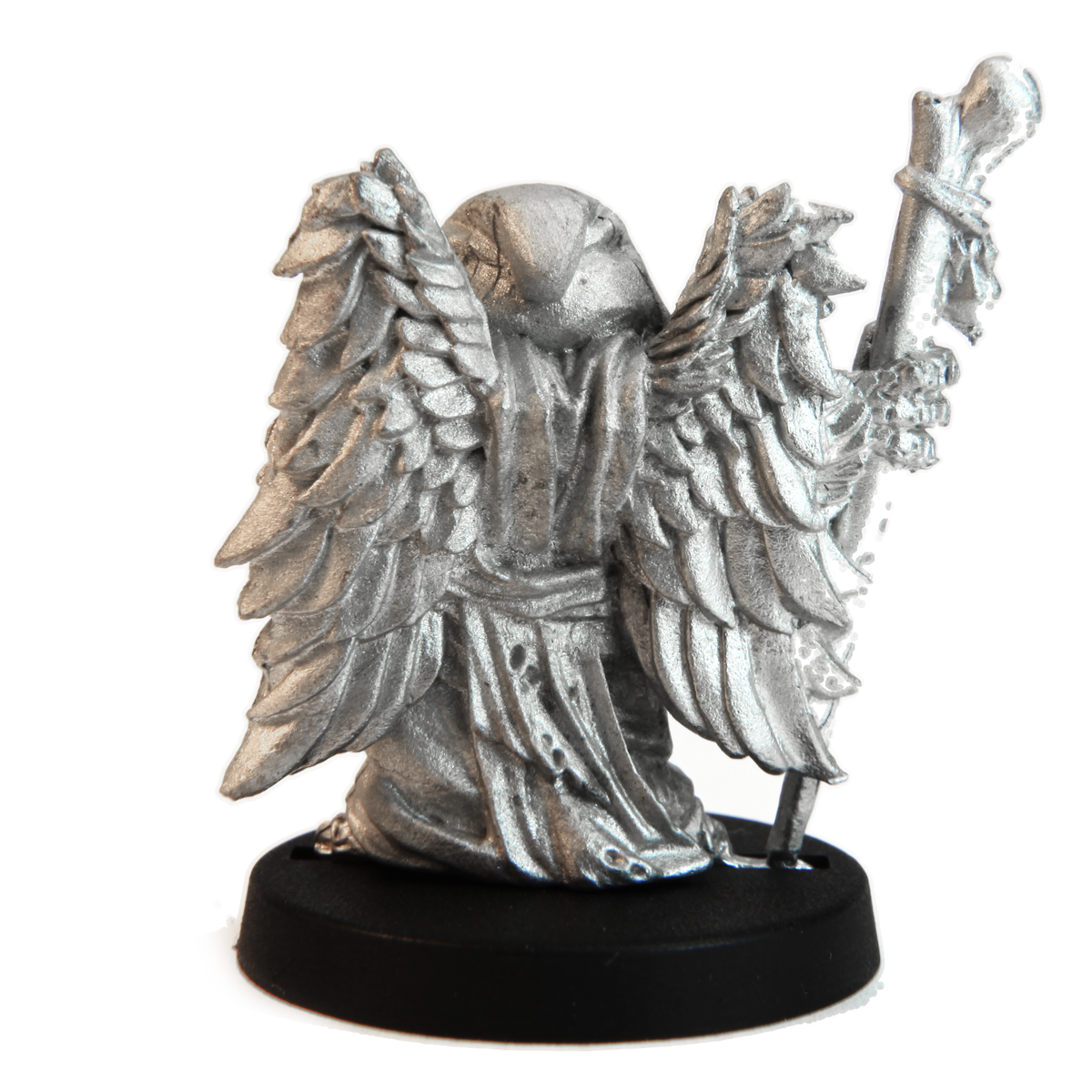 Unpainted pewter Male Owlfolk Wizard miniature, 33mm tall, another view