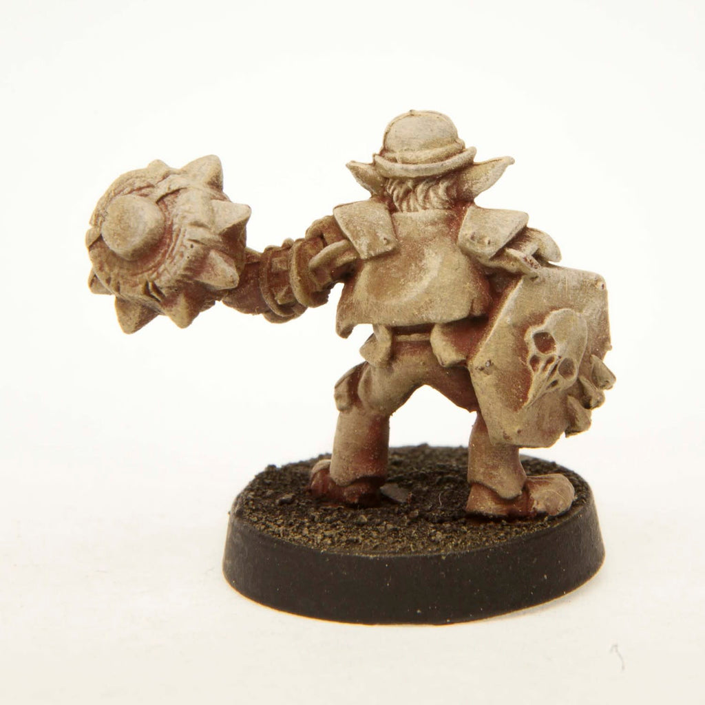 Primed pewter Gnome Brawler miniature, 23mm tall, another view