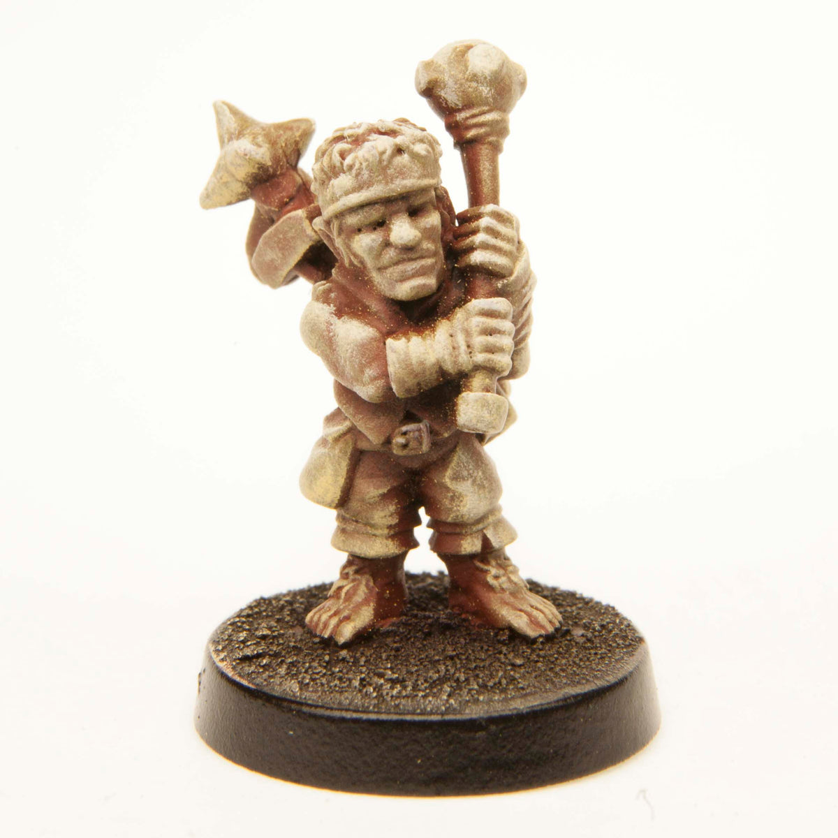 Primed pewter Halfling Linksman miniature, 24mm tall