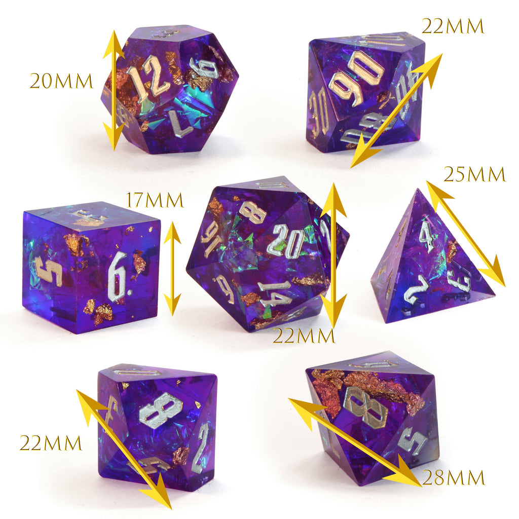 Level 14 Sorcerer Set Polyhedral Dice (7pcs) Sharp Resin Dice Purple and Blue with Gold Flecks, another view