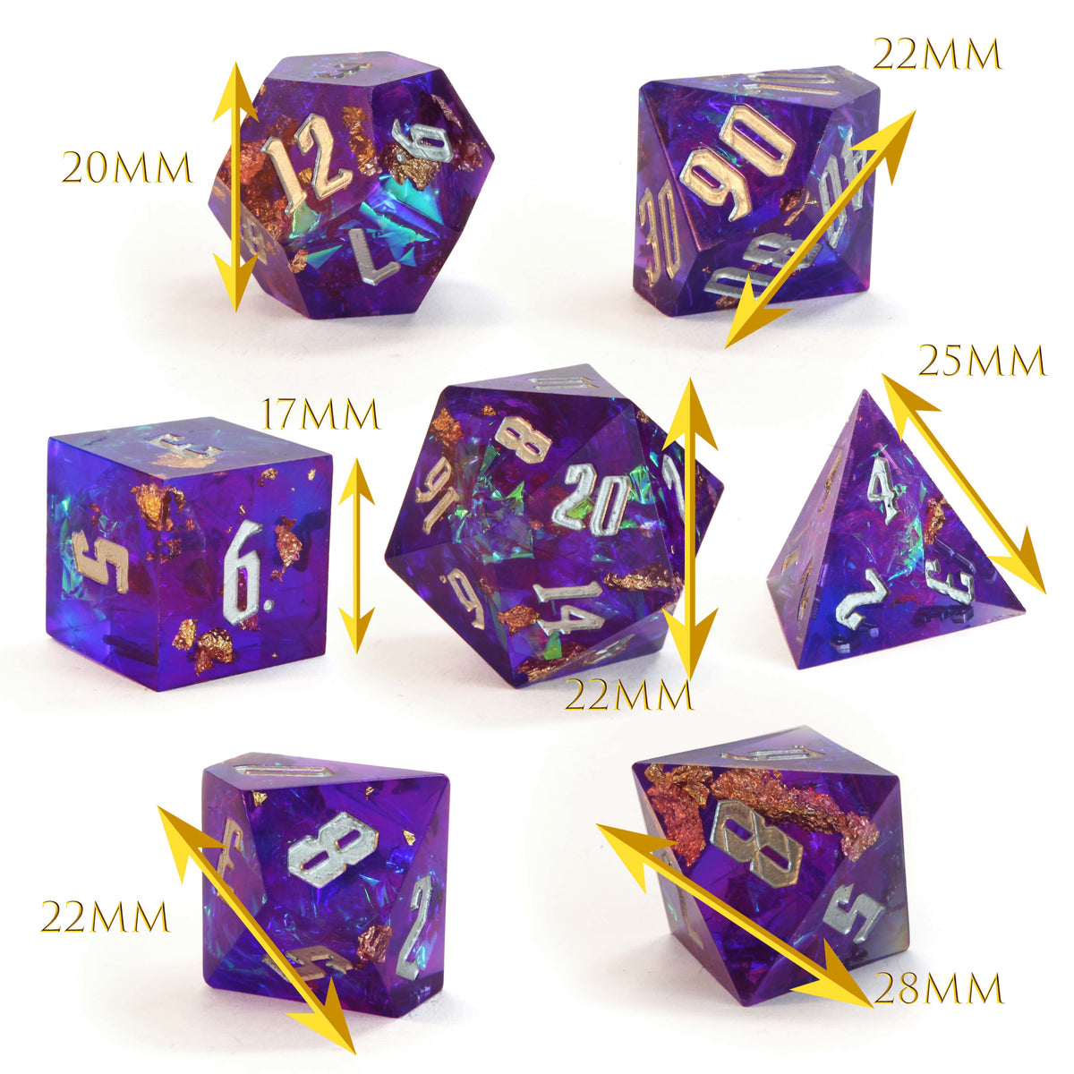 Level 14 Sorcerer Set Polyhedral Dice (7pcs) Sharp Resin Dice Purple and Blue with Gold Flecks, another view