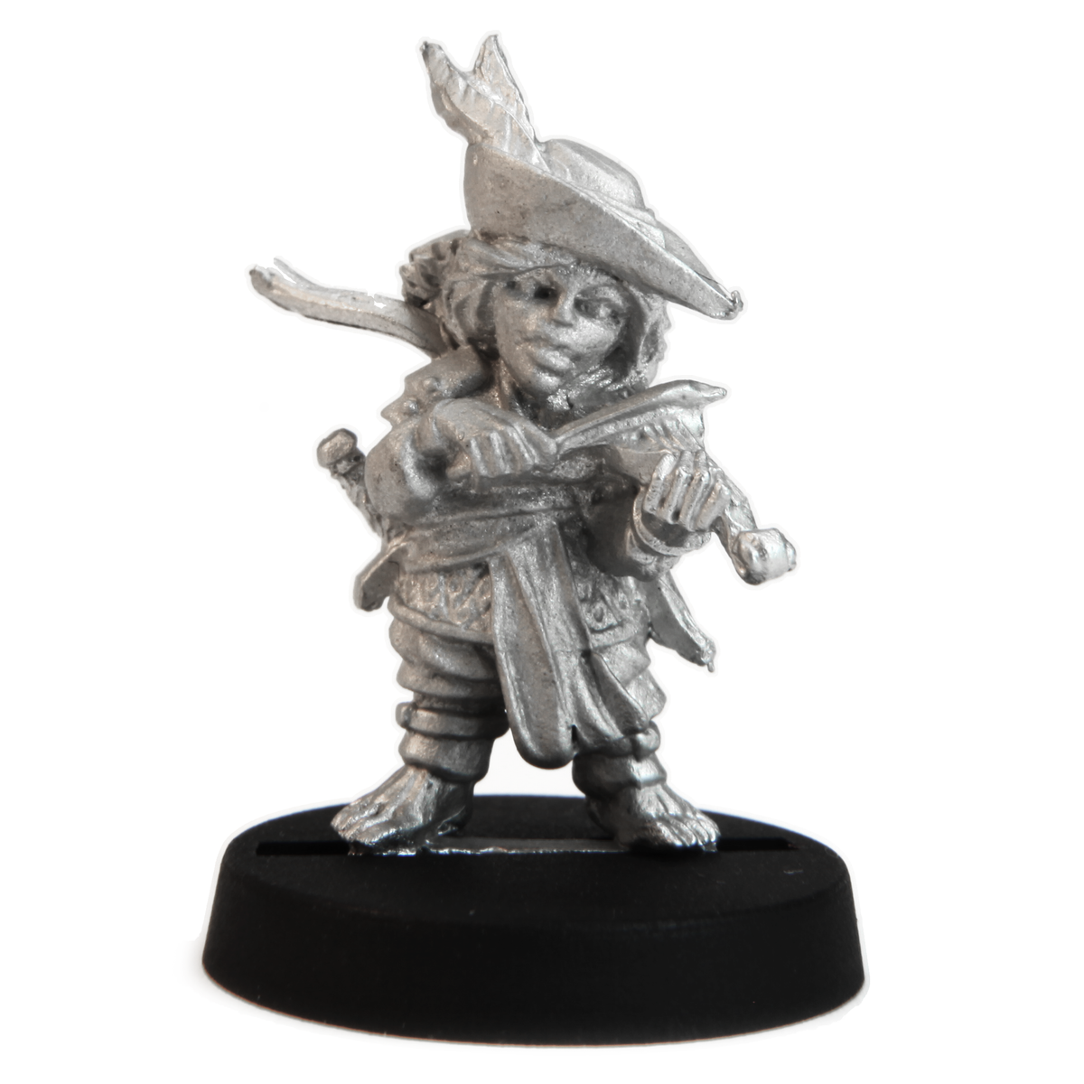 Unpainted pewter Halfling Bard miniature, 25mm tall