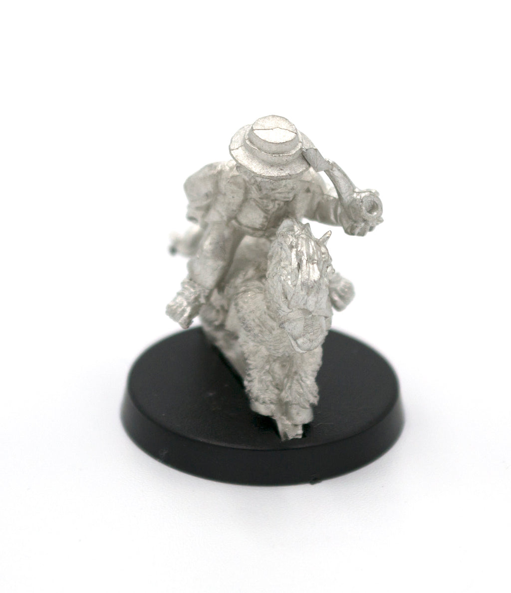 Unpainted pewter Halfling Wool Merchant Mounted on Pony miniature, 29mm tall, another view