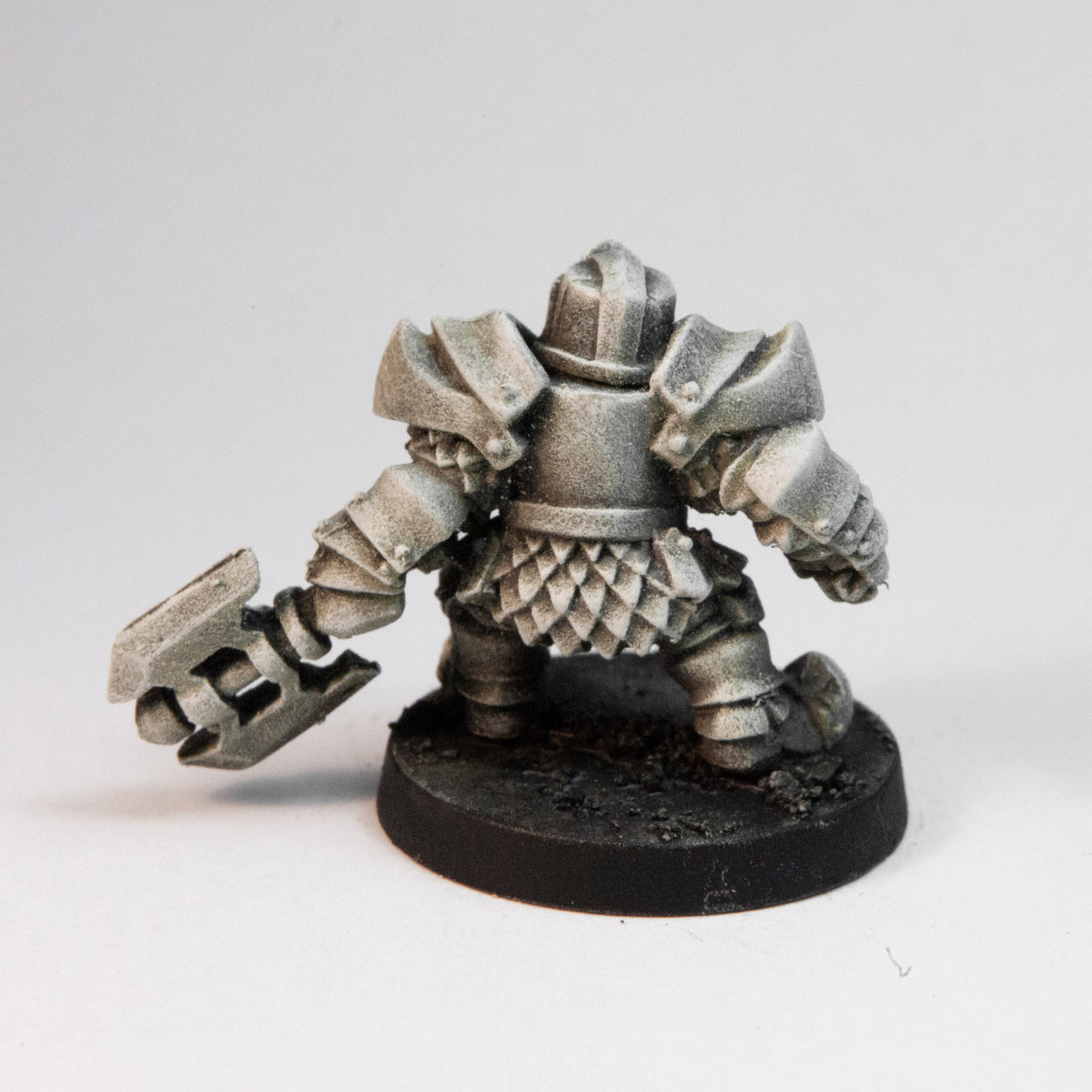 Primed pewter Dwarven Undead Elite miniature, 22mm tall, another view
