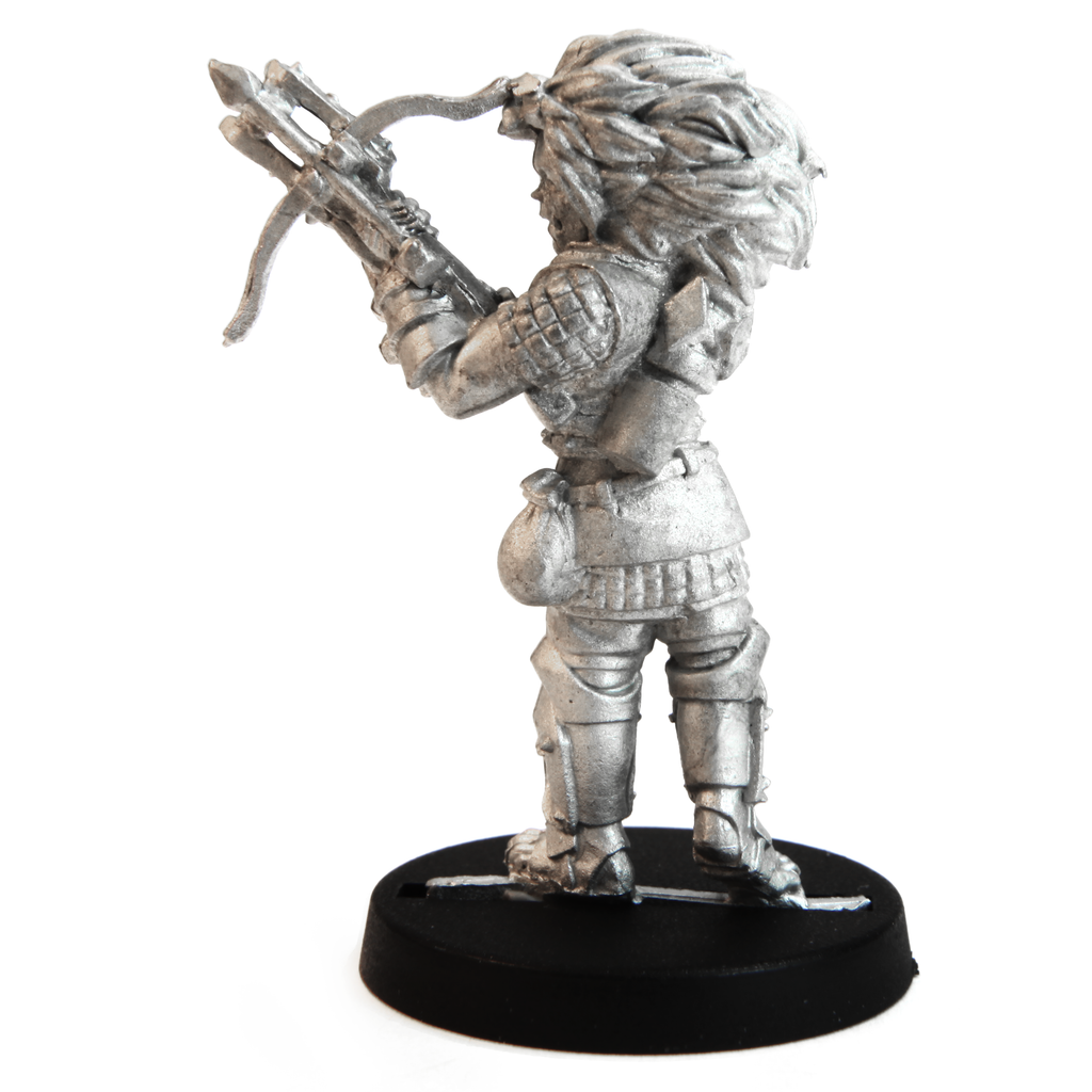 Unpainted pewter Half-Orc Ranger Female miniature, 37mm tall, another view