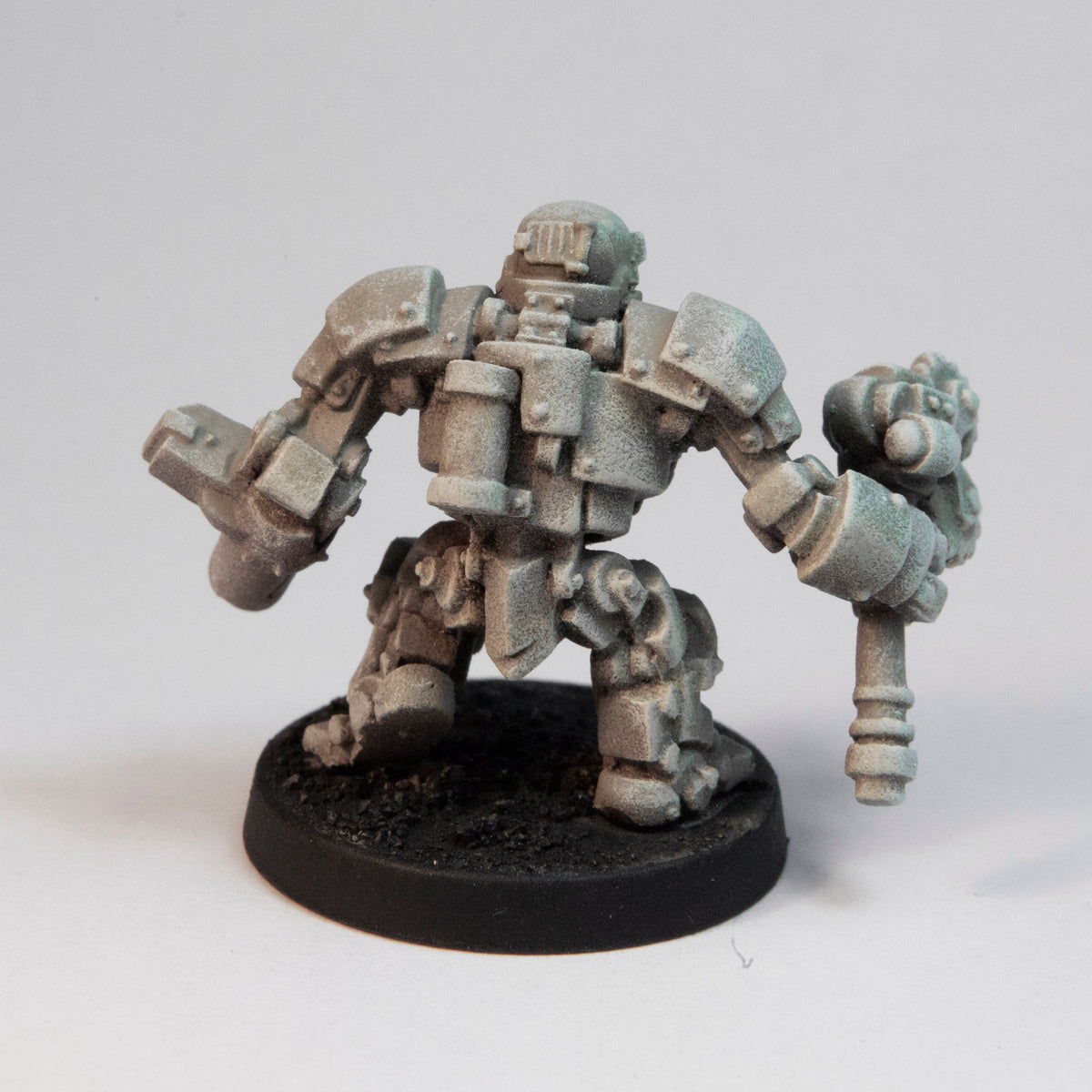 Primed pewter Dwarven Automaton miniature, 26mm tall, another view