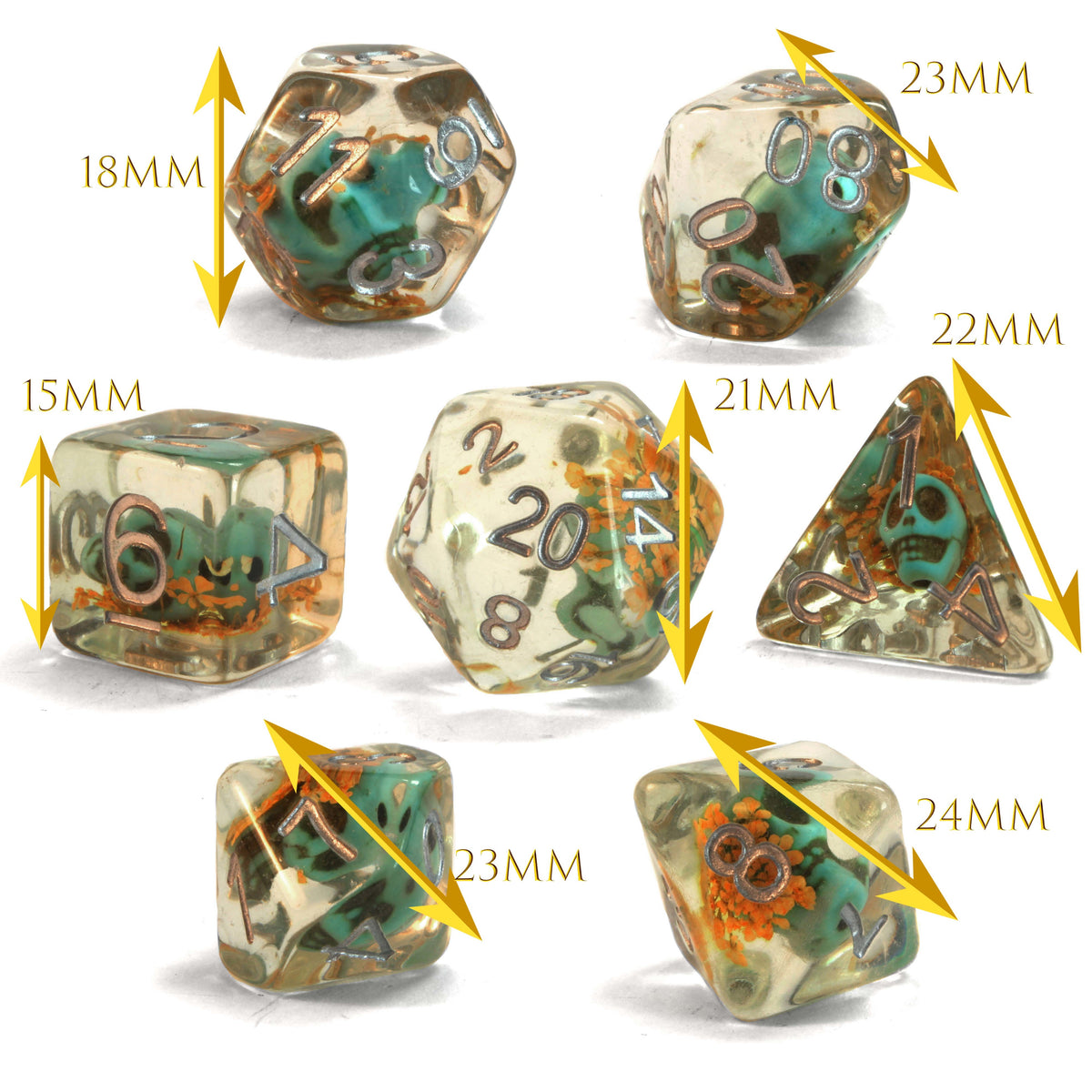 Level 10 Necromancer Dice Set Polyhedral Dice (7pcs) Clear with Blue Skull and Yellow Blossoms, another view