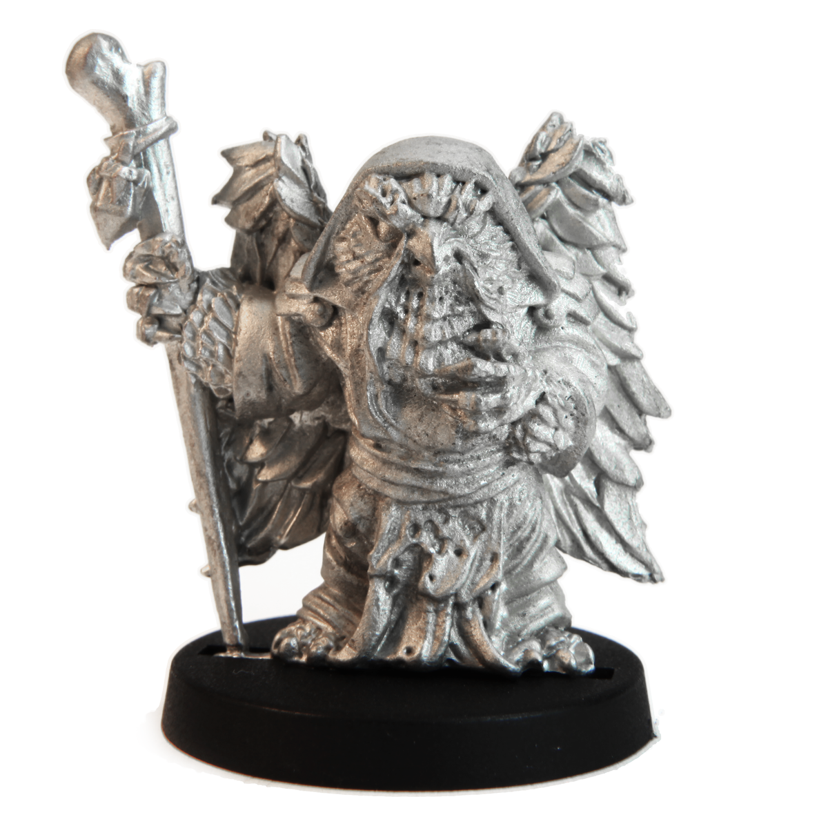 Unpainted pewter Male Owlfolk Wizard miniature, 33mm tall