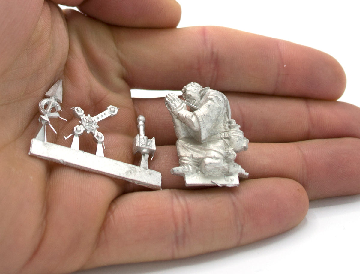 Unpainted pewter Half-Orc Cleric miniature, 25mm tall, another view