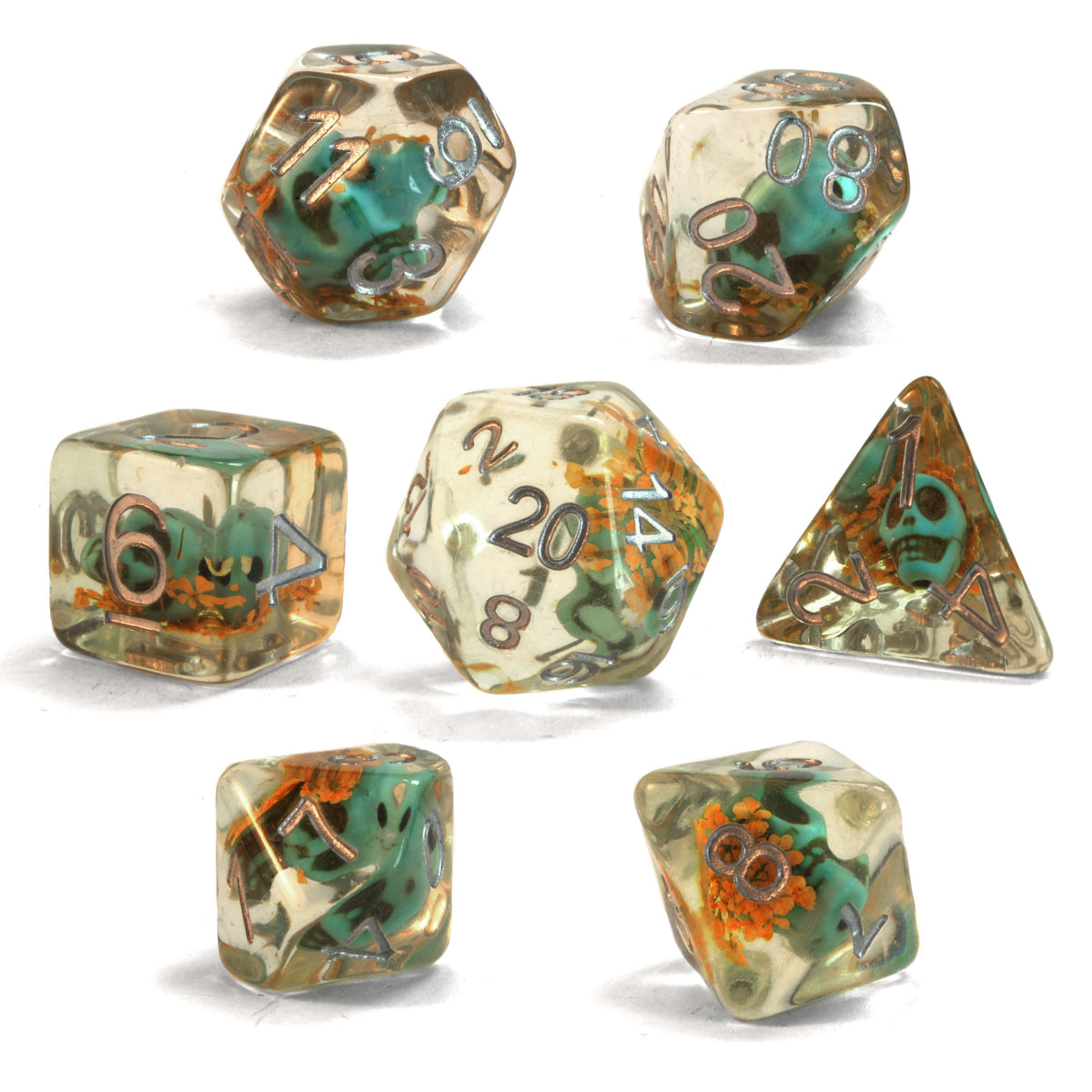 Level 10 Necromancer Dice Set Polyhedral Dice (7pcs) Clear with Blue Skull and Yellow Blossoms, another view