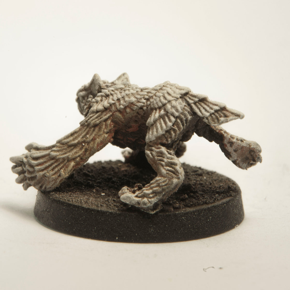 Primed pewter Owlverine miniature, 27mm long, another view