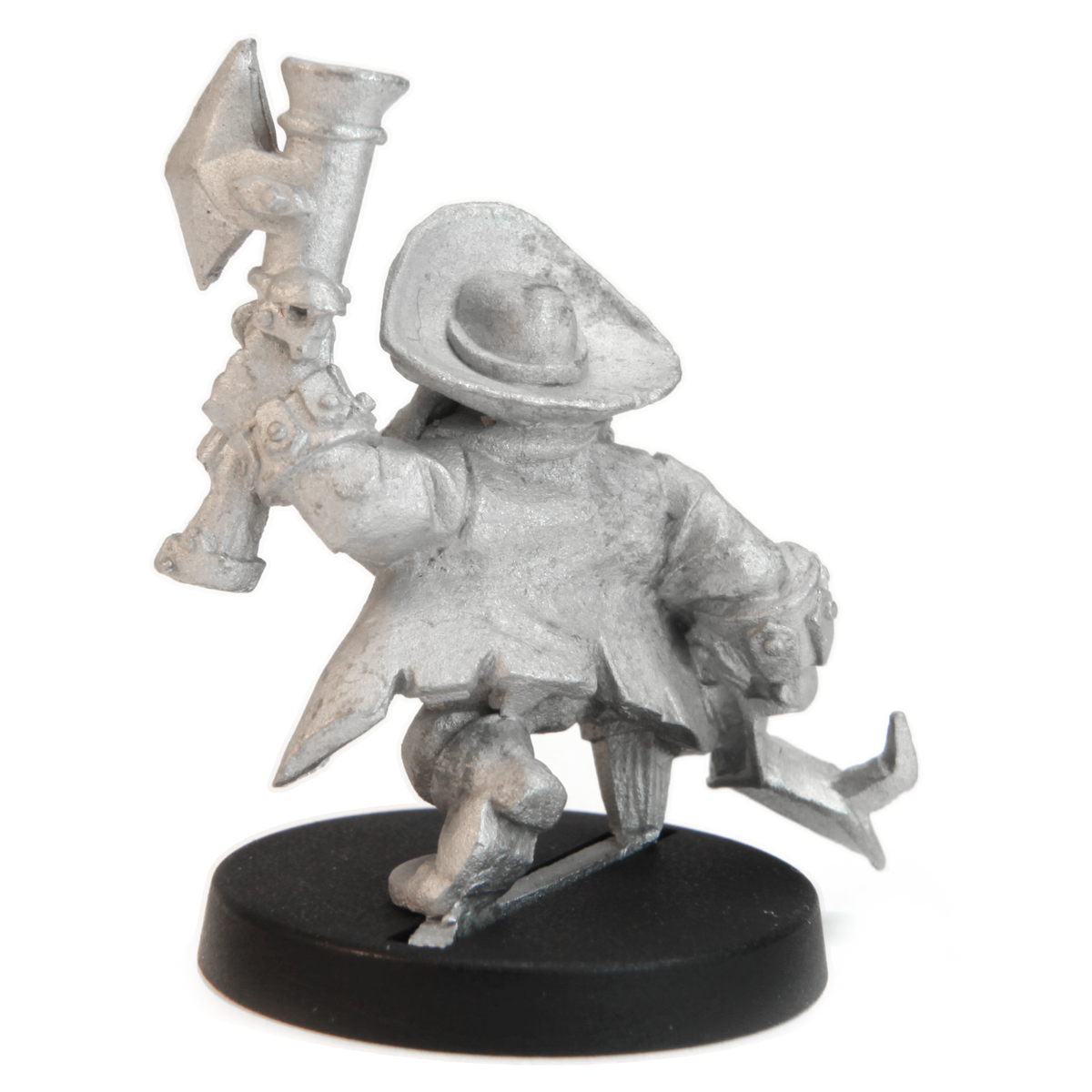 Unpainted pewter Dwarven Buccaneer miniature, 26mm tall, another view