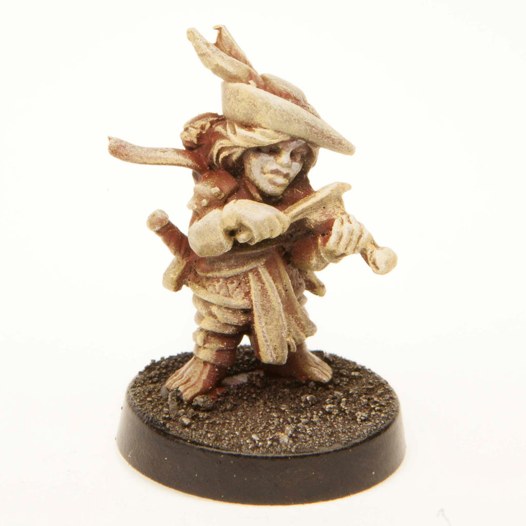 Primed pewter Halfling Bard miniature, 25mm tall