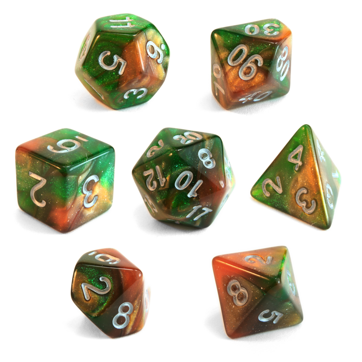 Level 1 Druid Dice Set Polyhedral Dice (7pcs) Green and Orange Glitter Sparkle Mixed, another view