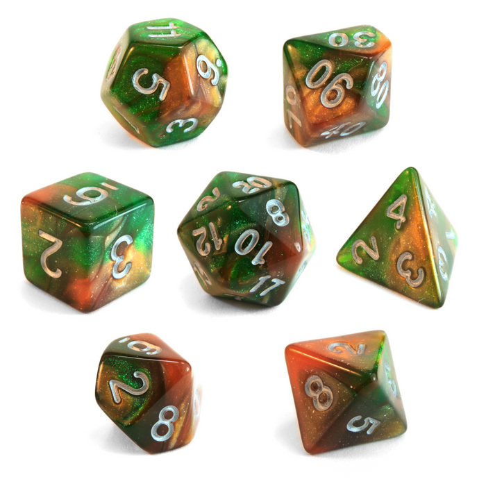 Level 1 Druid Dice Set Polyhedral Dice (7pcs) Green and Orange Glitter Sparkle Mixed Great for Dungeons and Dragons, Role Playing Tabletop Games