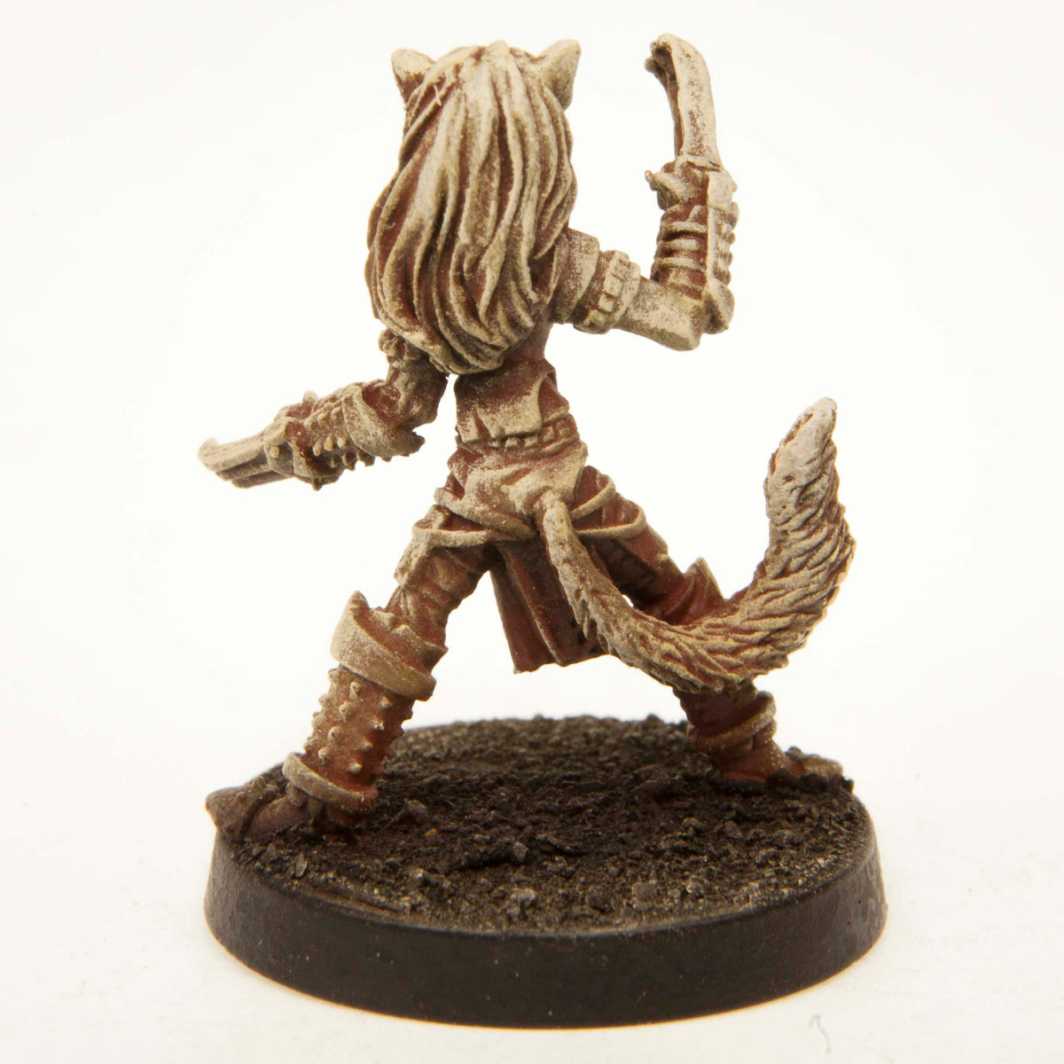 Primed pewter Kitsune Assassin miniature, 28mm tall, another view