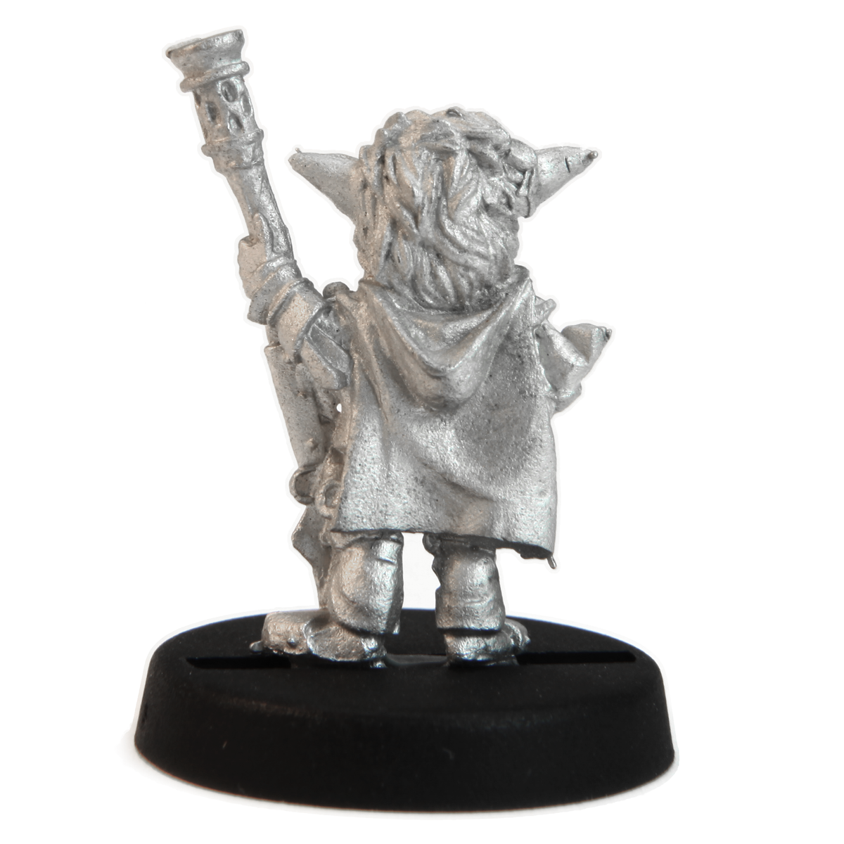 Unpainted pewter Gnome Long Gunner Female miniature, 22mm tall, another view