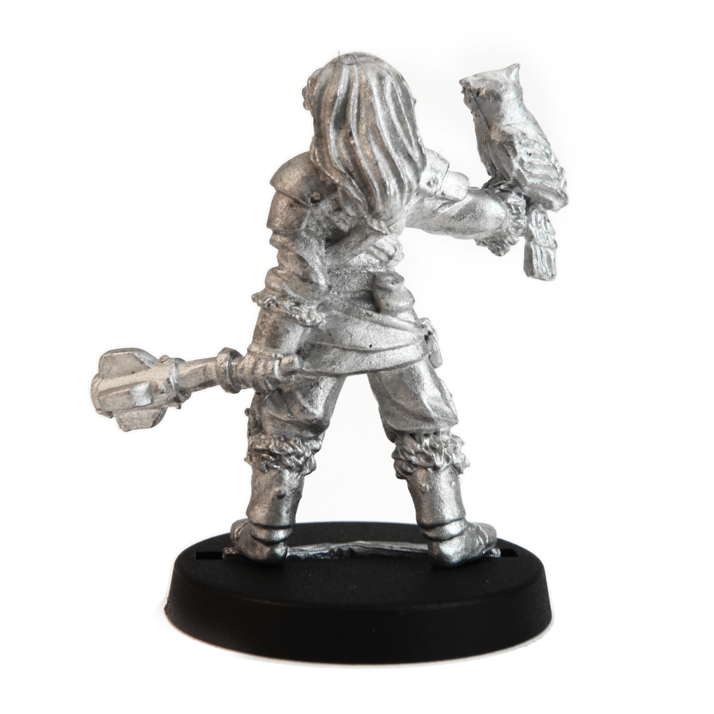 Unpainted pewter Female Half-Elf Cleric miniature, 32mm tall, another view