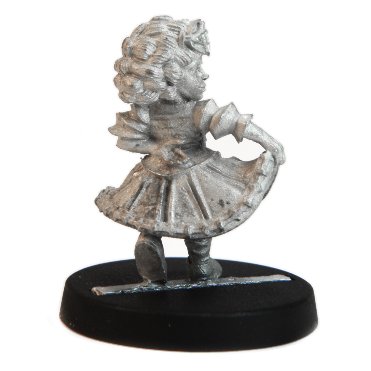 Unpainted pewter Dwarven Dancer miniature, 26mm tall, another view
